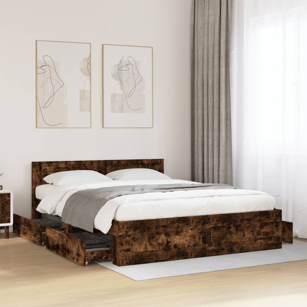 Füstös tölgy színű szerelt fa ágykeret fejtámlával 160x200 cm