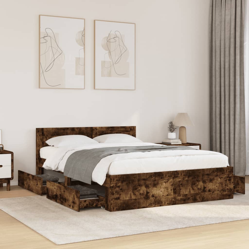 Füstös tölgy színű szerelt fa ágykeret fejtámlával 120x200 cm