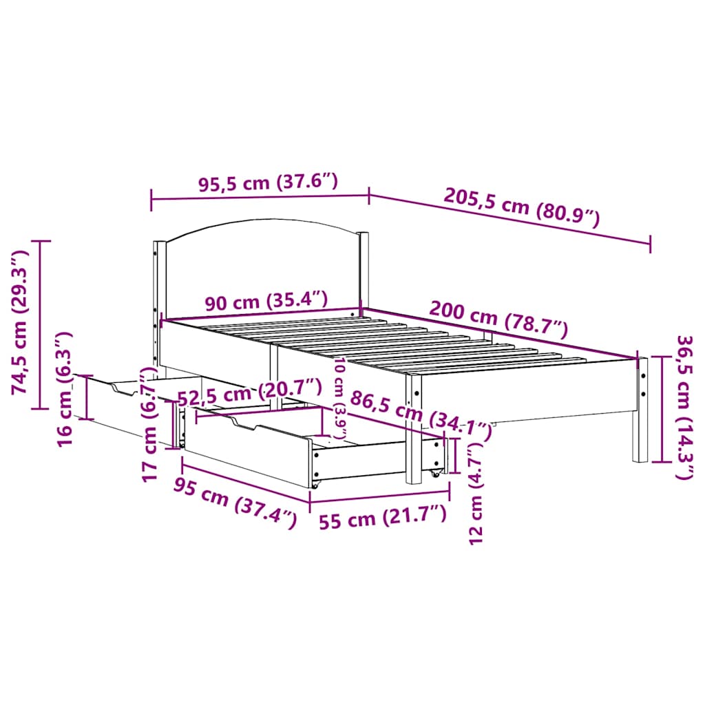 Fehér tömör fenyőfa ágy matrac nélkül 90 x 200 cm 11