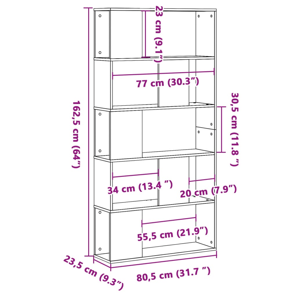 5 szintes fekete szerelt fa könyvespolc 80,5 x 23,5 x 162,5 cm 9