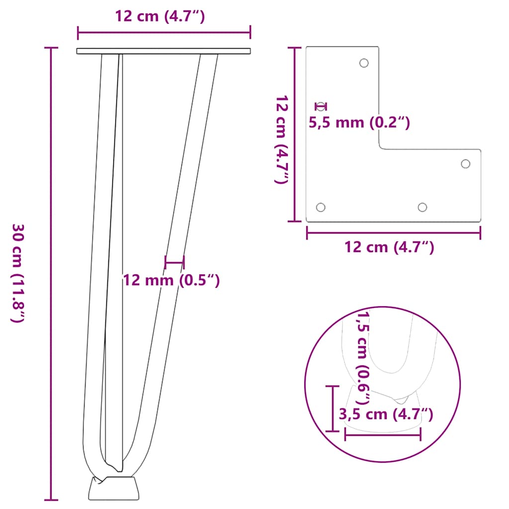 4 db natúr acél hajtűláb dohányzóasztalhoz 30 cm tömör acél 10