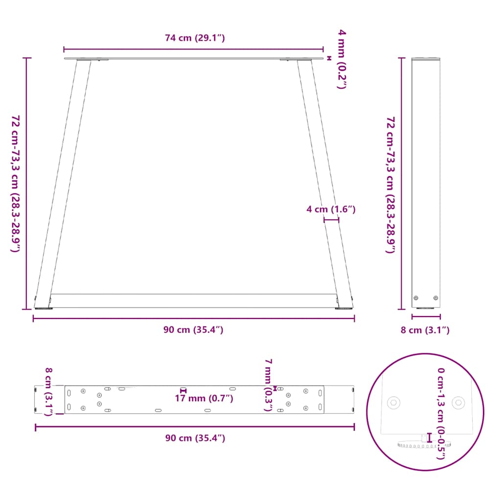 3 db antracitszürke, V-alakú acél étkezőasztalláb 90 x (72-73,3) cm 10