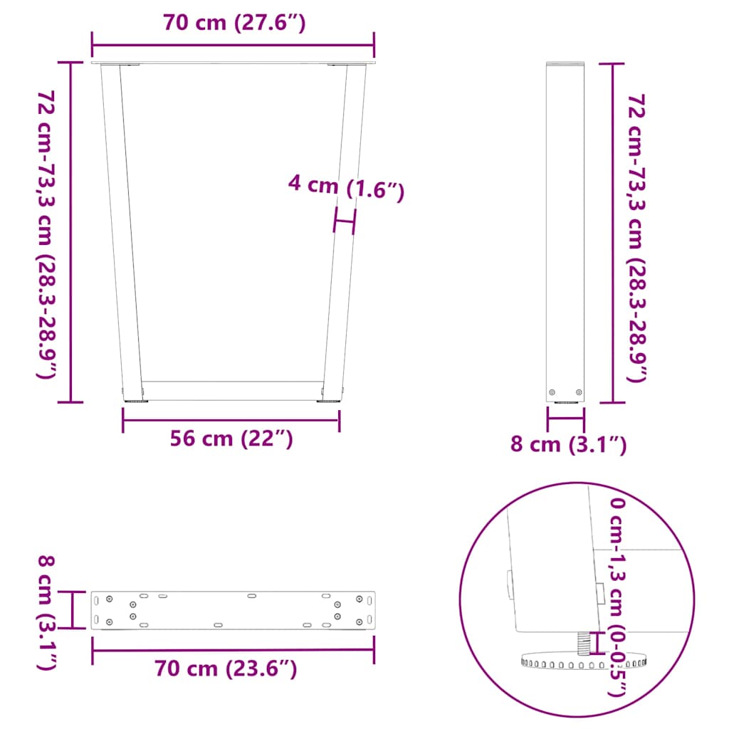 2 db fekete, V-alakú acél étkezőasztal láb 70 x (72-73,3) cm 10