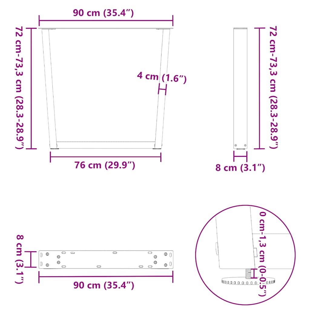 2 db fekete, V-alakú acél étkezőasztal láb 90 x (72-73,3) cm 10