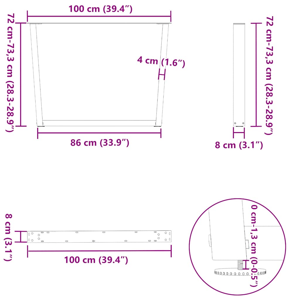 2 db V-alakú étkezőasztal láb natúr acél 100 x (72-73,3) cm acél 11
