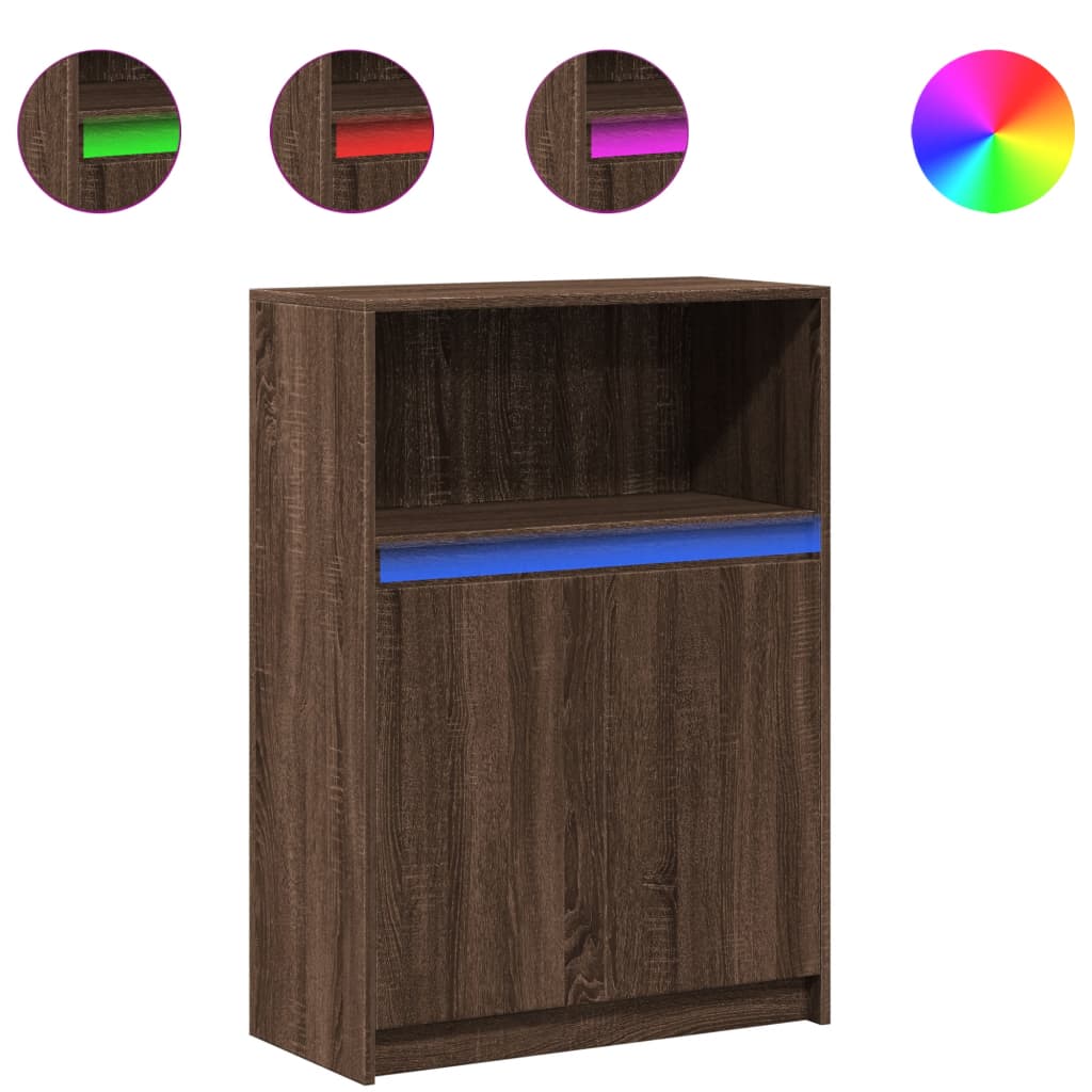 Barna tölgy színű szerelt fa tálalószekrény LED-del 72x34x100cm 2