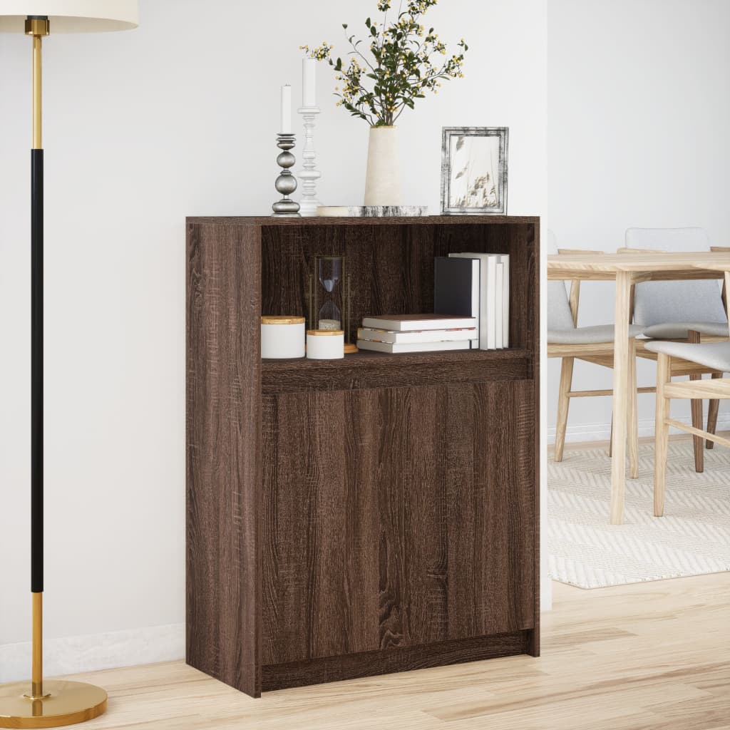 Barna tölgy színű szerelt fa tálalószekrény LED-del 72x34x100cm 4