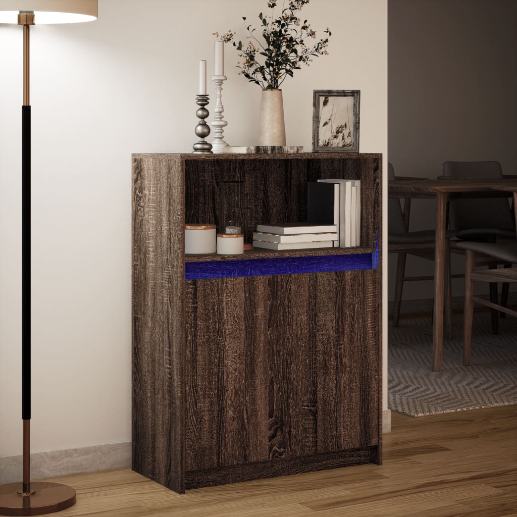 Barna tölgy színű szerelt fa tálalószekrény LED-del 72x34x100cm 5
