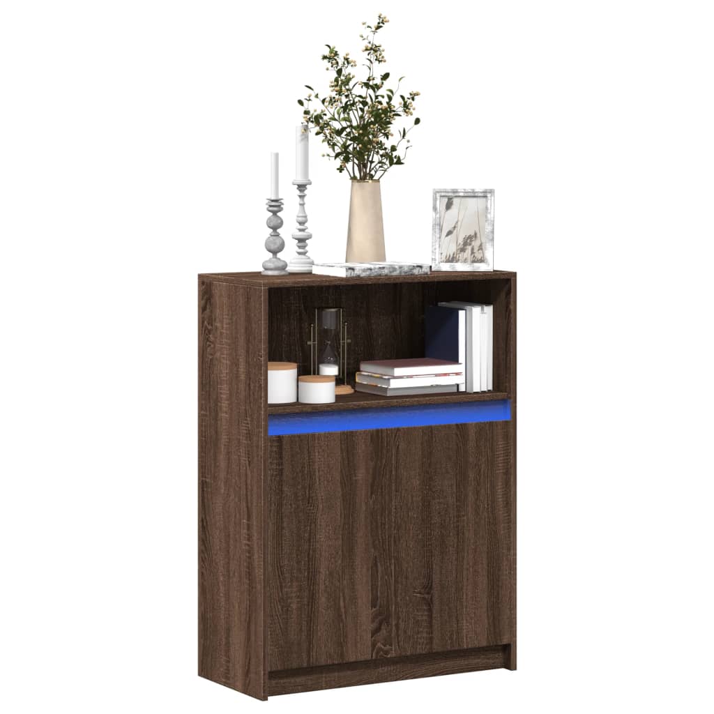 Barna tölgy színű szerelt fa tálalószekrény LED-del 72x34x100cm