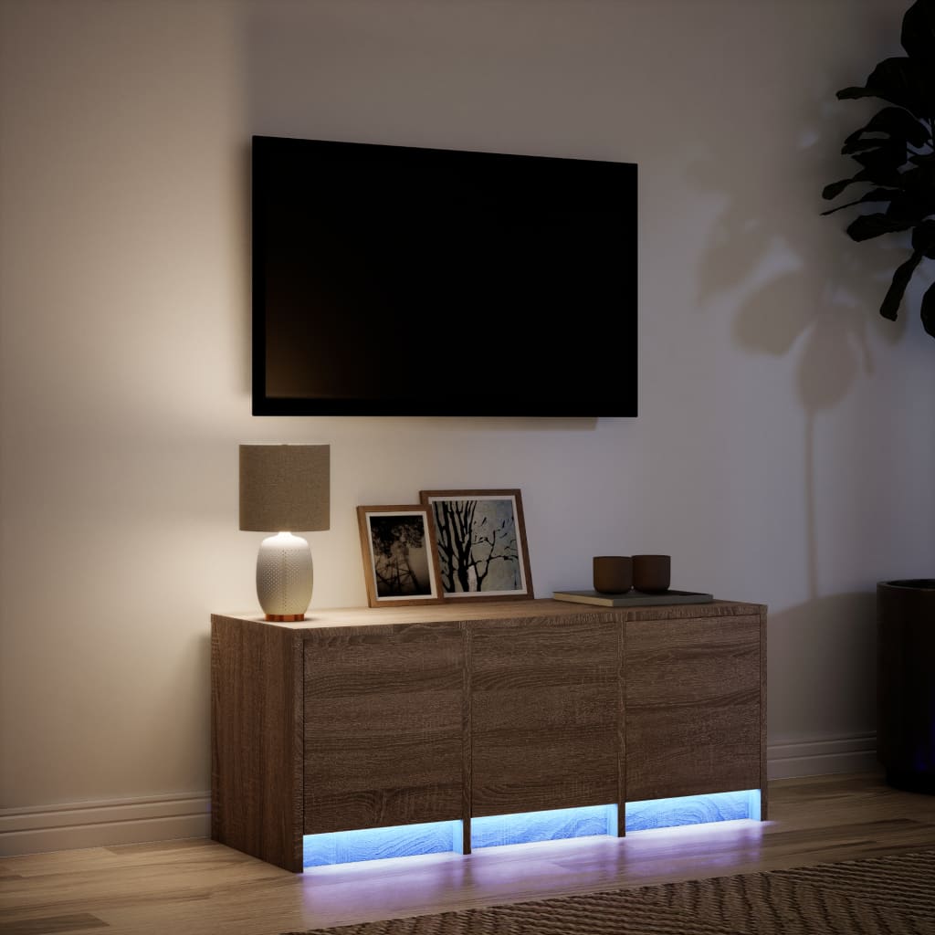 Barna tölgy színű szerelt fa TV-szekrény LED-del 97x34x40 cm 4
