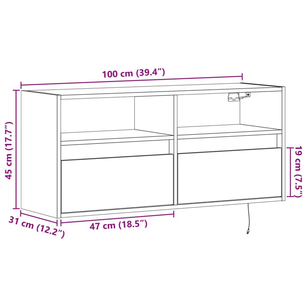 Szürke sonoma színű fali TV-szekrény LED-del 100x31x45 cm 16