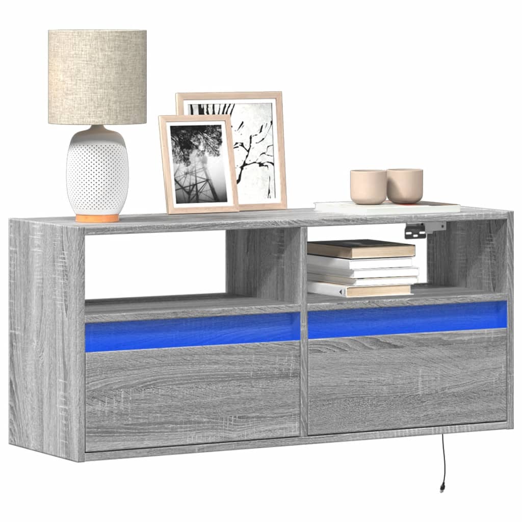 Szürke sonoma színű fali TV-szekrény LED-del 100x31x45 cm