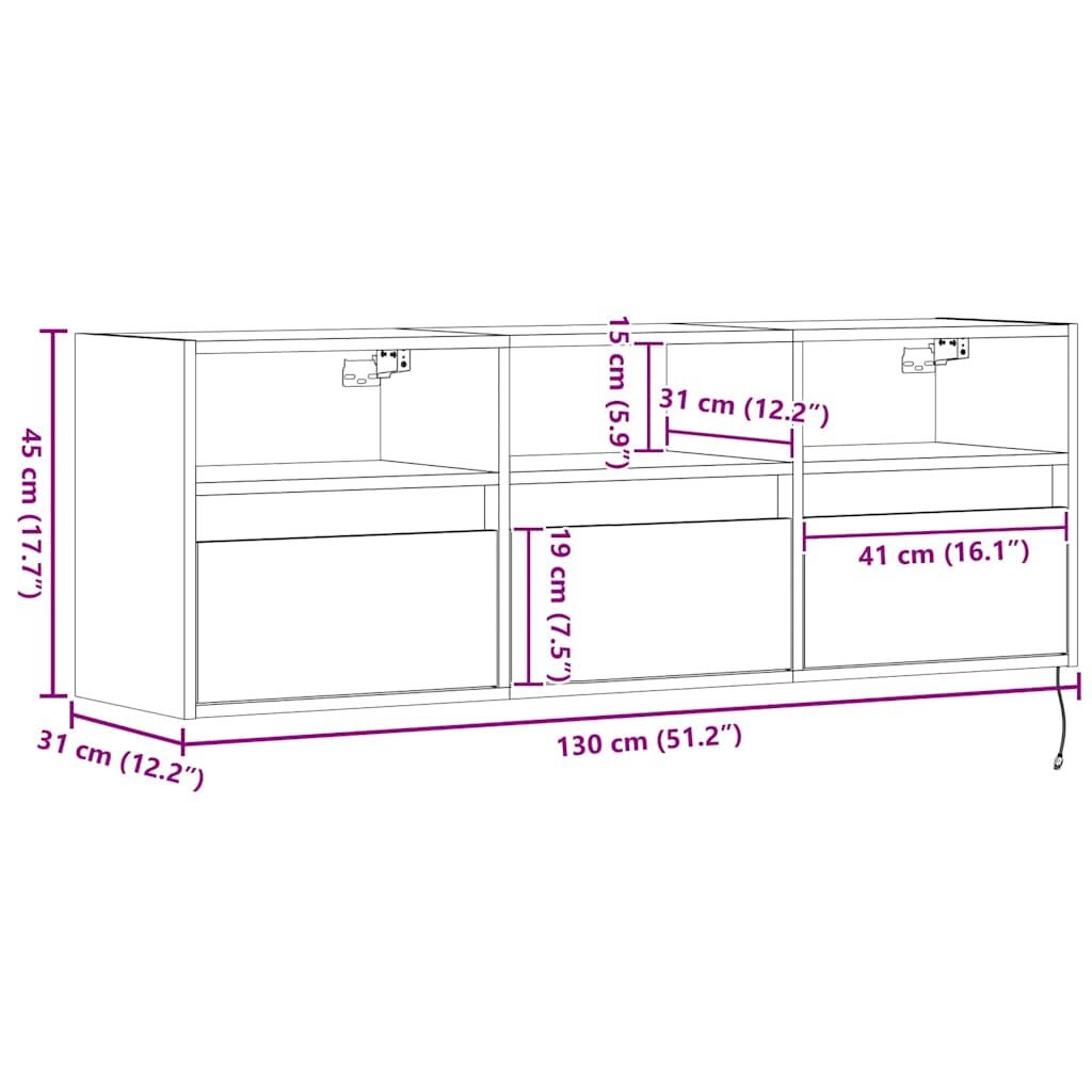 Füstös tölgy színű fali TV-szekrény LED-ekkel 130x31x45 cm 16