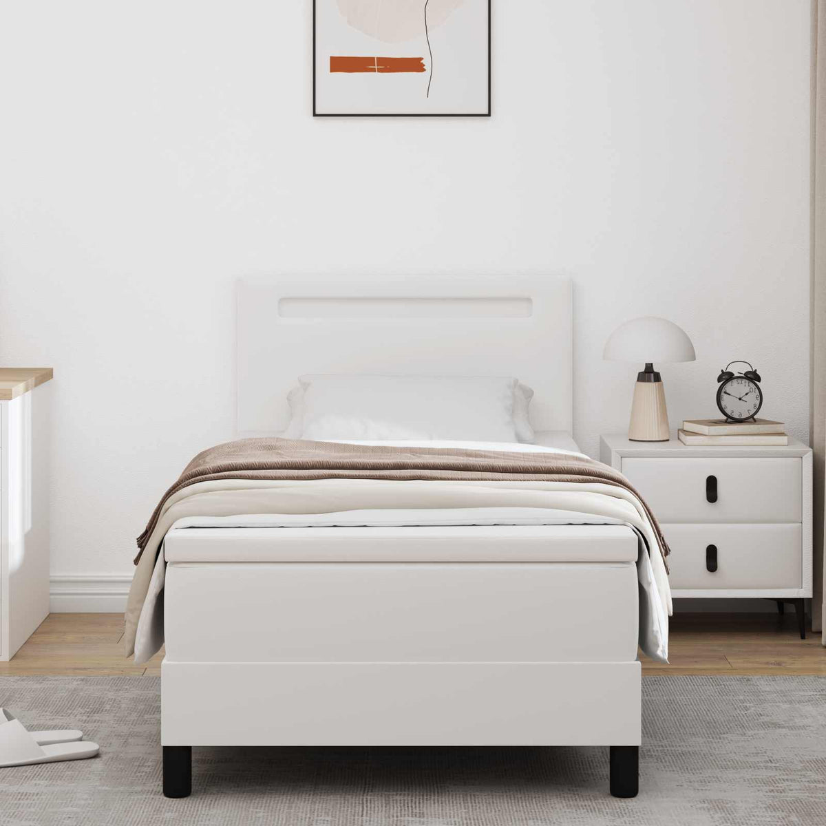 Boxrugós ágy matracmal fejtámlával Fehér 90 x 190 cm Műbőr