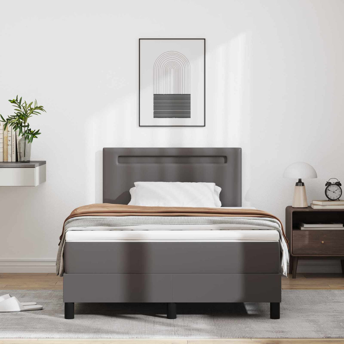 Boxrugós ágy matracmal fejtámlával Szürke 120 x 200 cm Műbőr