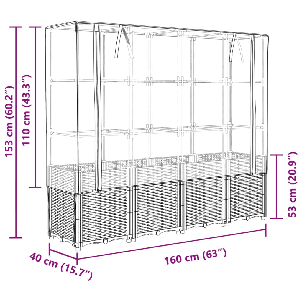 Rattan hatású magaságyás üvegháztakaróval 160 x 40 x 153 cm 9