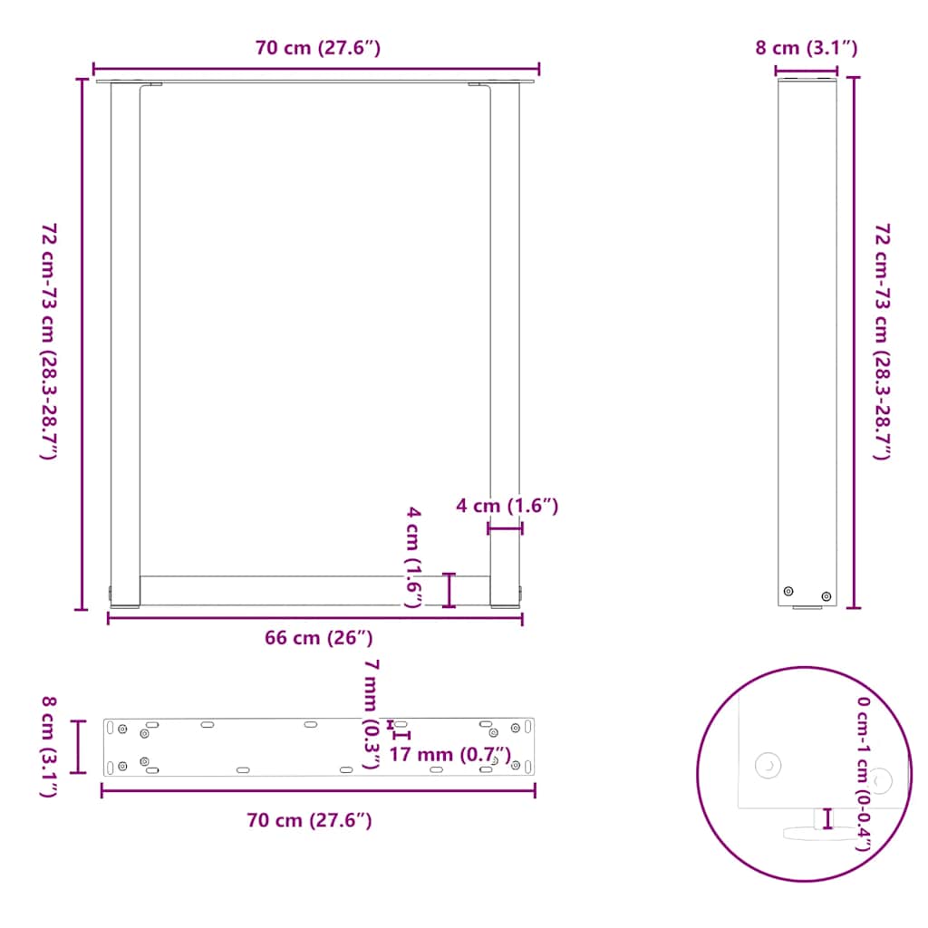 2 db U alakú étkezőasztal láb fekete, 70 x (72-73) cm acél 10