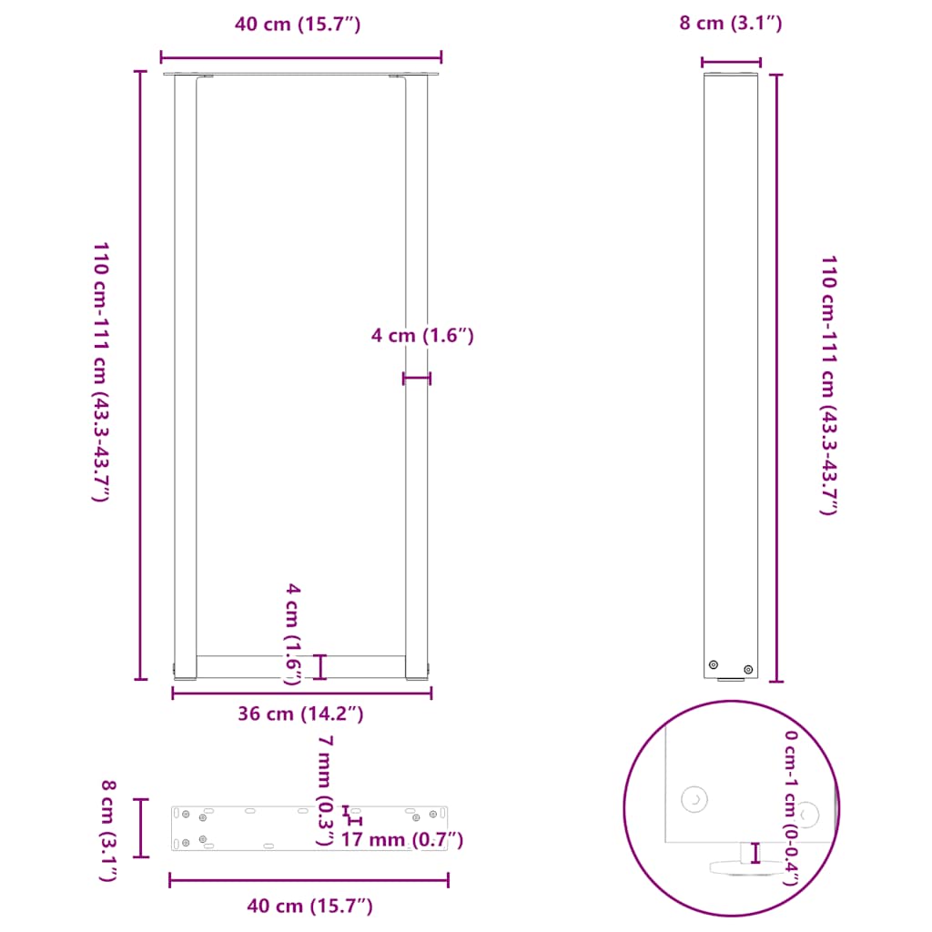 2 db antracitszürke U-alakú acél bárasztalláb 40x(110-111) cm 10