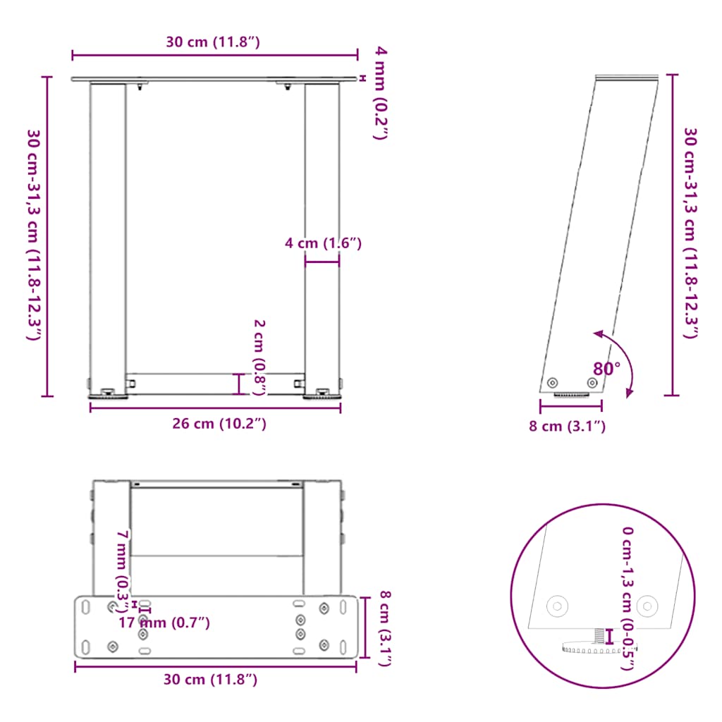 2 db U alakú fehér dohányzóasztal láb 30x(30-31) cm acél 10