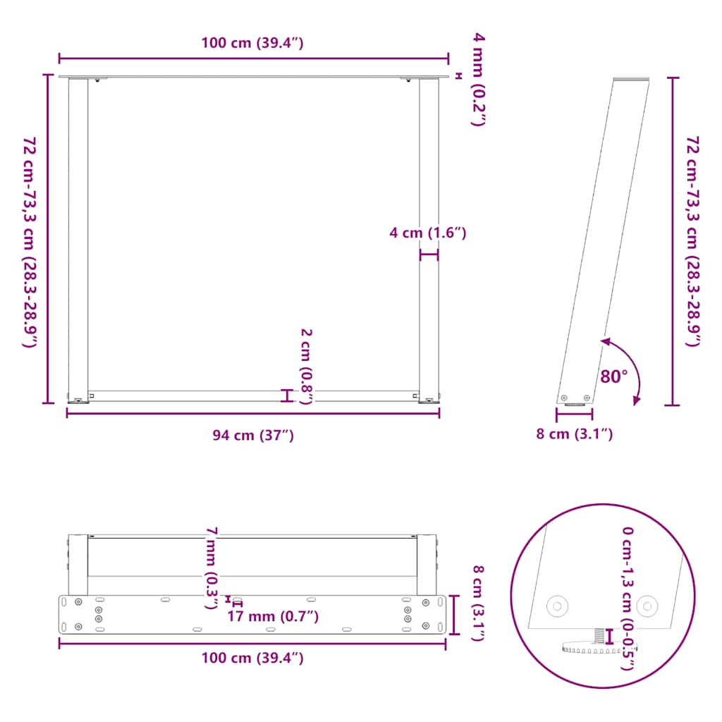 2 db U alakú étkezőasztal láb natúr acélból 100 x (72-73) cm acél 10