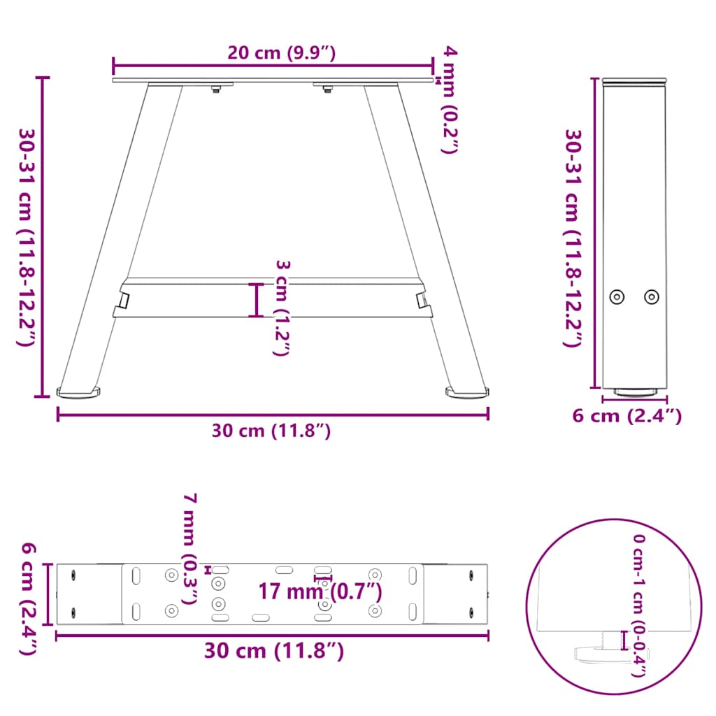 2 db A-alakú acél dohányzóasztal láb 30x(30-31) cm 10