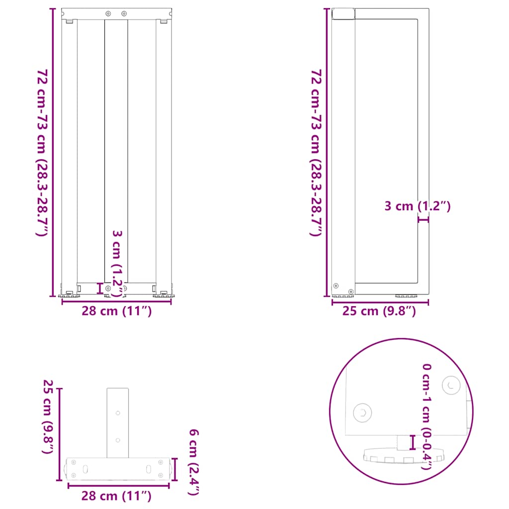 2 db fekete, T-alakú acél konzolasztal láb 25x28x(72-73) cm 10