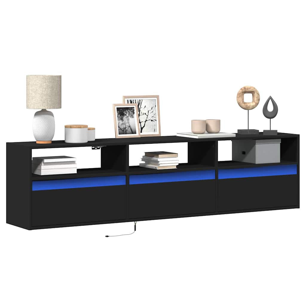 Fekete TV fali szekrény LED-del 180x31x45 cm