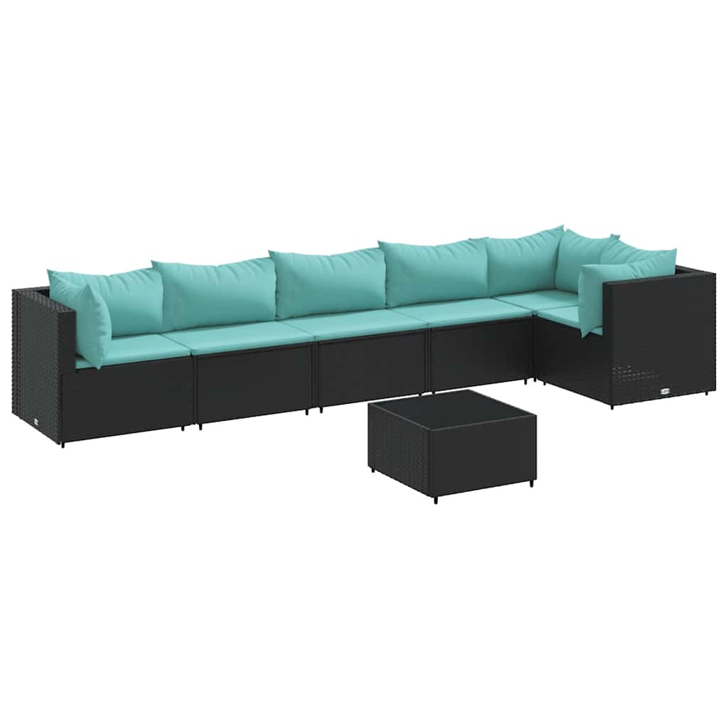 7 részes fekete polyrattan kerti ülőgarnitúra párnákkal 2