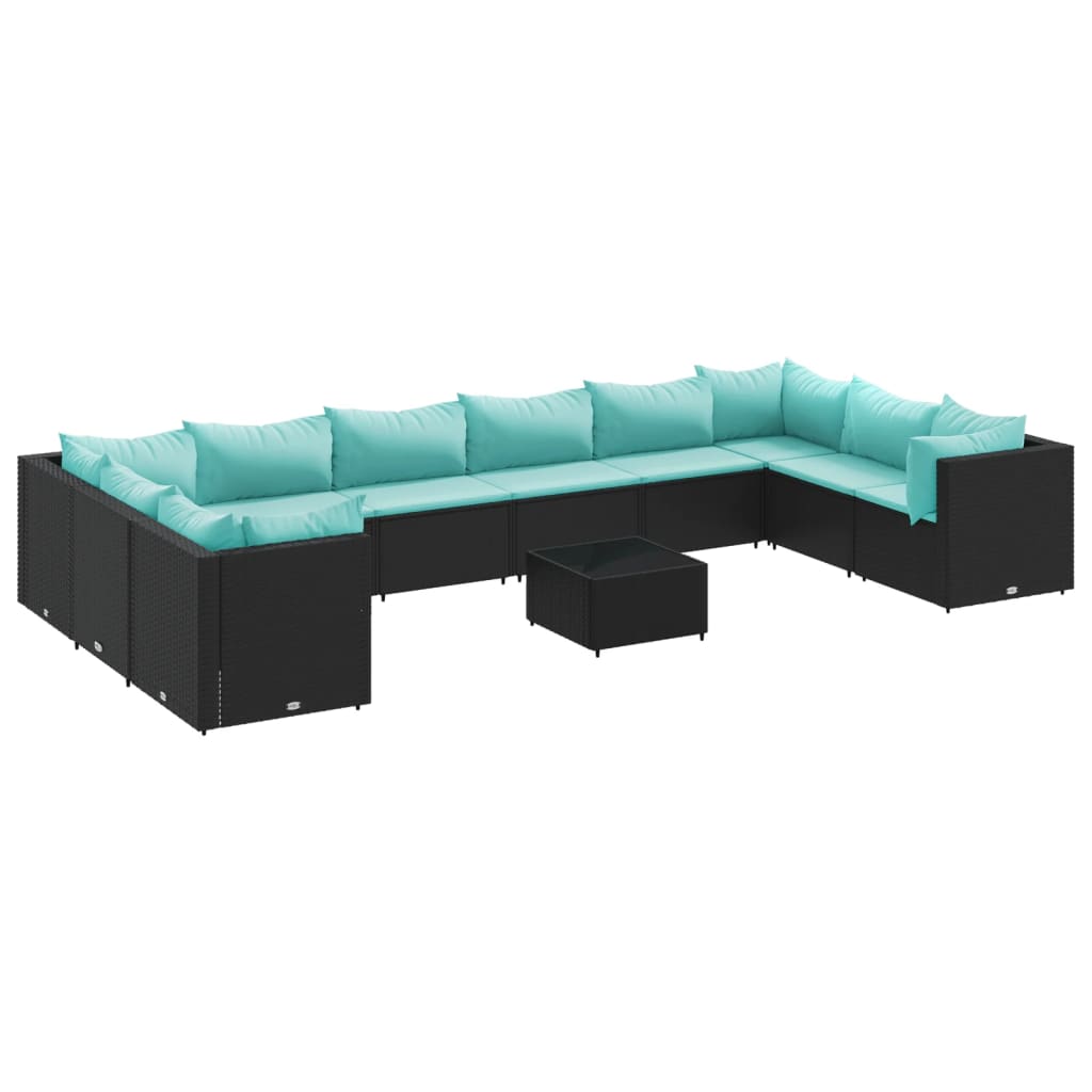 11 részes fekete polyrattan kerti ülőgarnitúra párnákkal 2