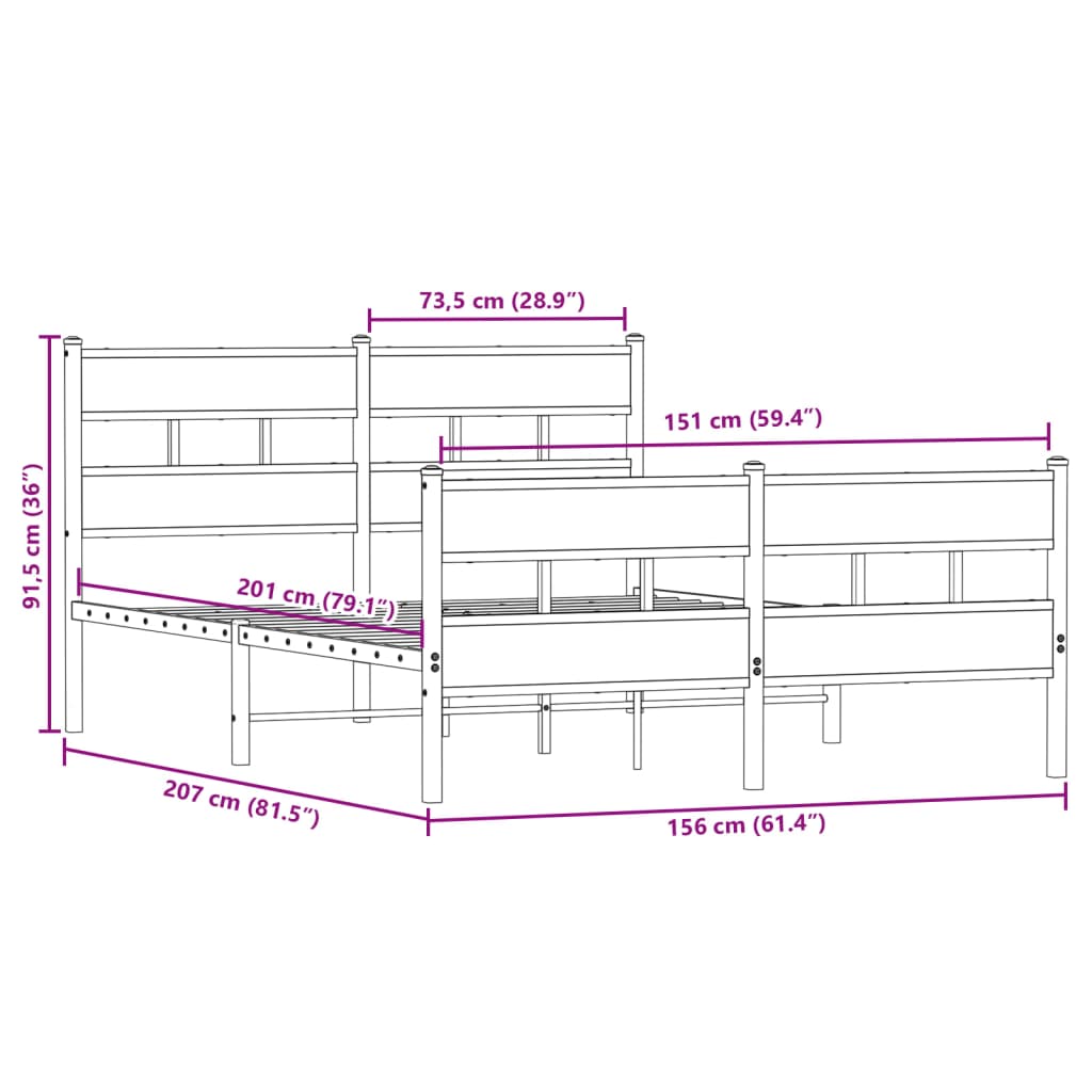 Füstös tölgy színű fém ágykeret matrac nélkül 150 x 200 cm 9