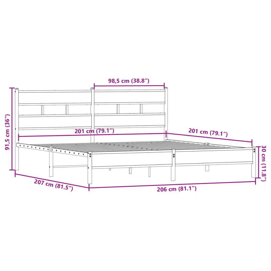 Füstös tölgy színű fém ágykeret matrac nélkül 200 x 200 cm 9