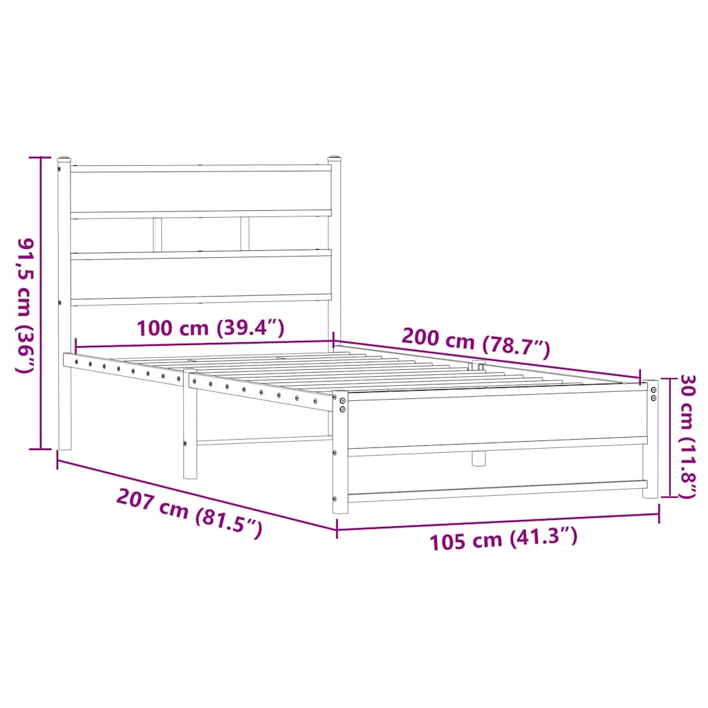 Barna tölgy színű fém ágykeret matrac nélkül 100 x 200 cm 9