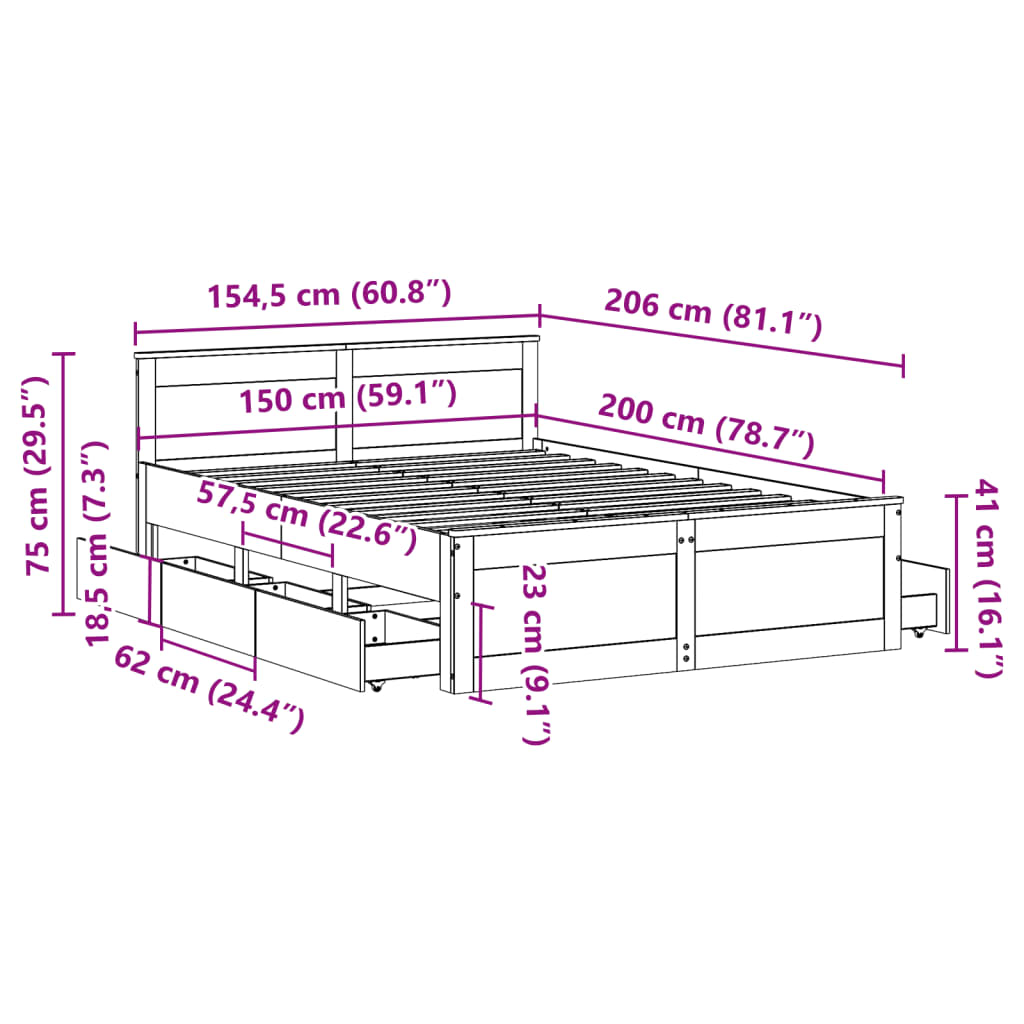 Tömör fenyőfa fejtámlás ágykeret matrac nélkül 150 x 200 cm 13