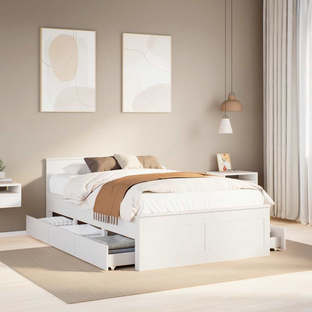 Fehér tömör fenyőfa fejtámlás ágykeret matrac nélkül 135x190 cm