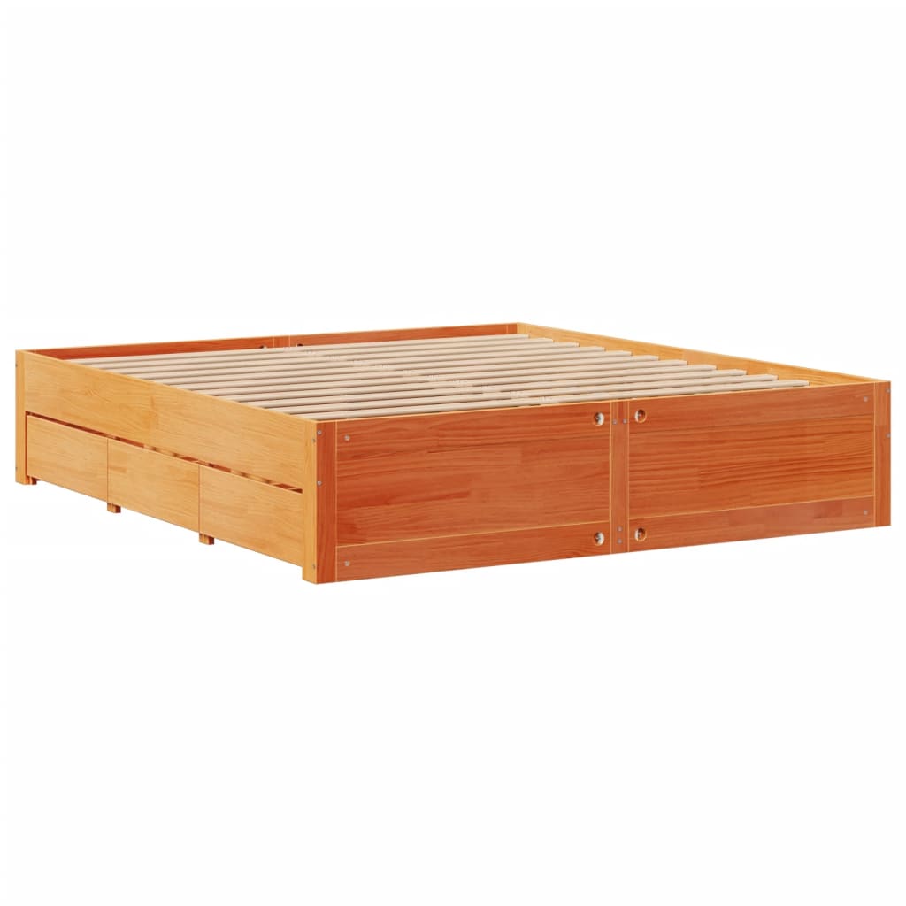 Barna tömör fenyőfa fiókos ágykeret matrac nélkül 180 x 200 cm 3