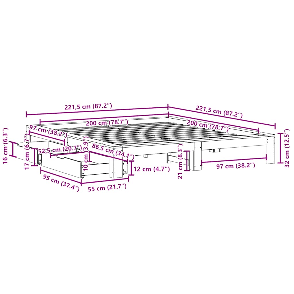 Viaszbarna tömör fenyőfa ágy matrac nélkül 200 x 200 cm 12