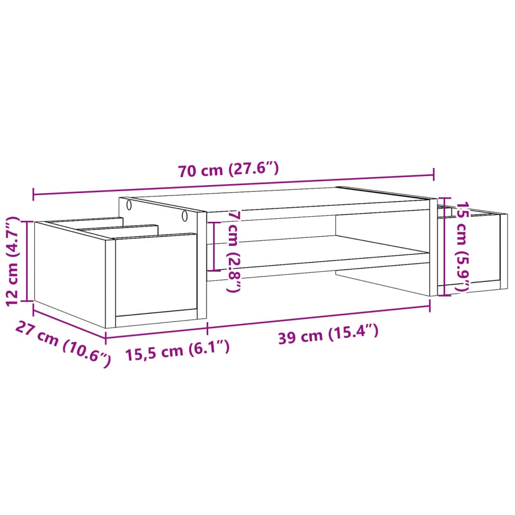 Betonszürke szerelt fa monitorállvány tárolóval 70 x 27 x 15 cm 9