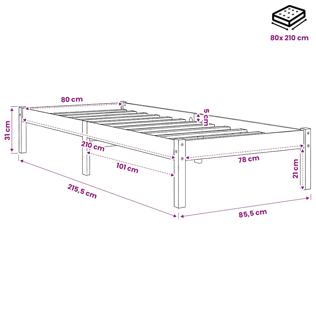 Fehér tömör fenyő extra hosszú ágykeret matrac nélkül 80x210 cm 9