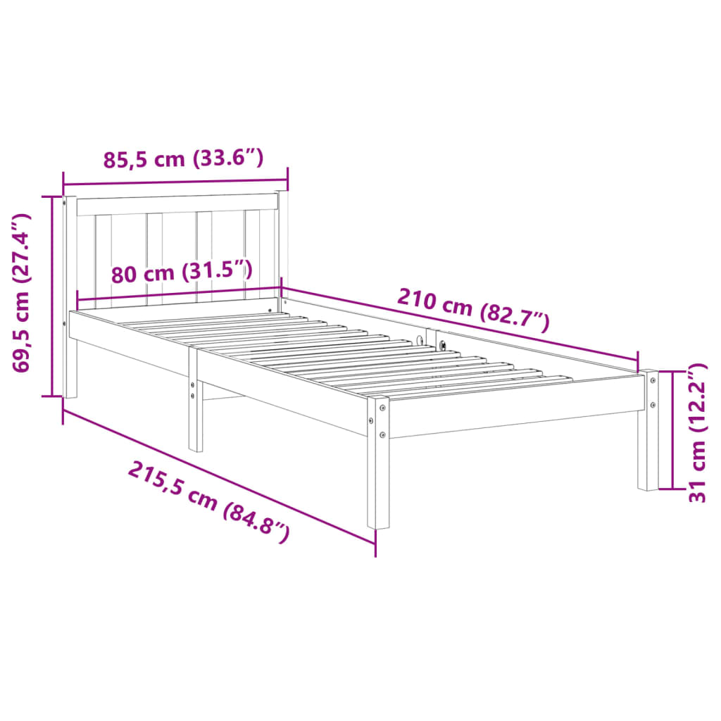 Fehér tömör fenyő extra hosszú ágykeret matrac nélkül 80x210 cm 9