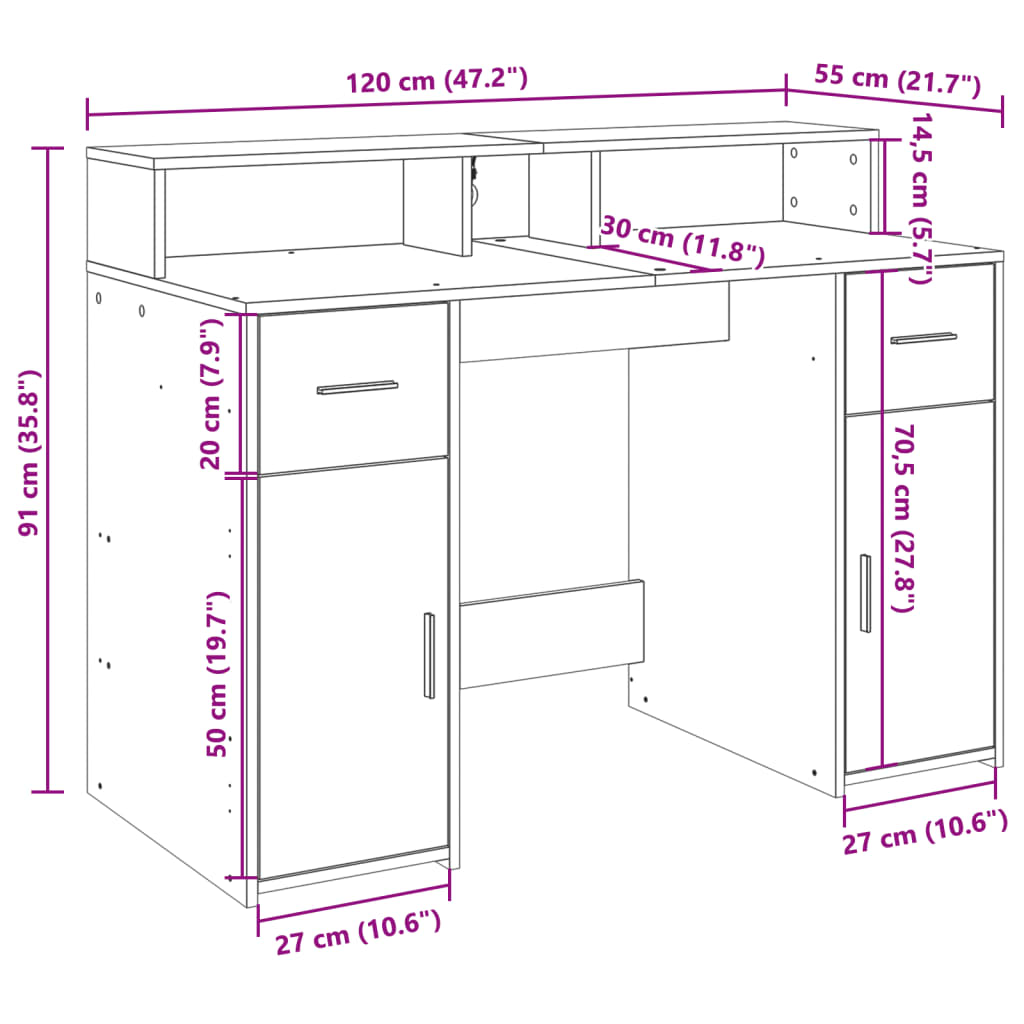 Füstös tölgy színű szerelt fa íróasztal LED-ekkel 120x55x91 cm 14