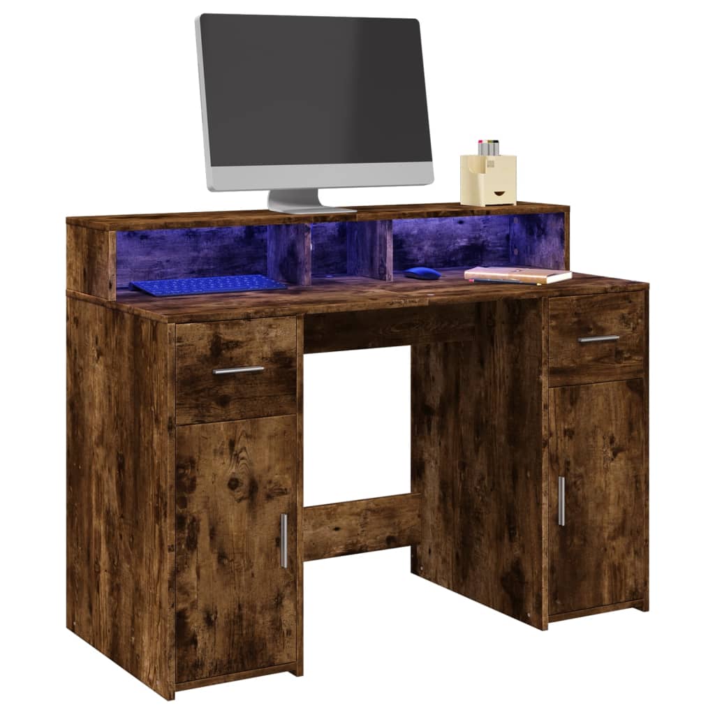 Füstös tölgy színű szerelt fa íróasztal LED-ekkel 120x55x91 cm