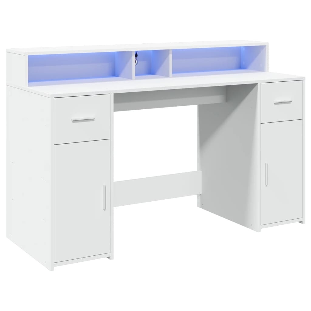 Fehér szerelt fa íróasztal LED-világítással 140 x 55 x 91 cm 5