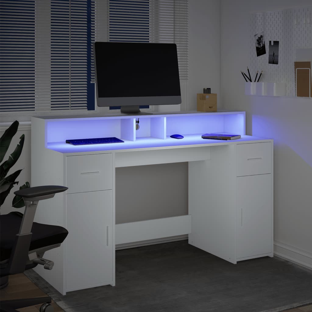 Fehér szerelt fa íróasztal LED-világítással 140 x 55 x 91 cm 4