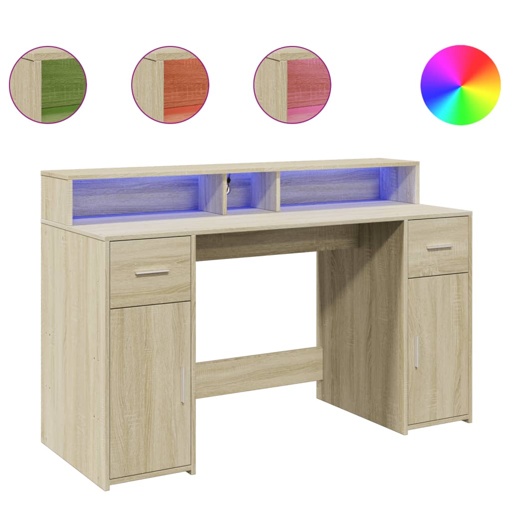 Sonoma tölgy színű szerelt fa íróasztal LED-ekkel 140x55x91 cm 2