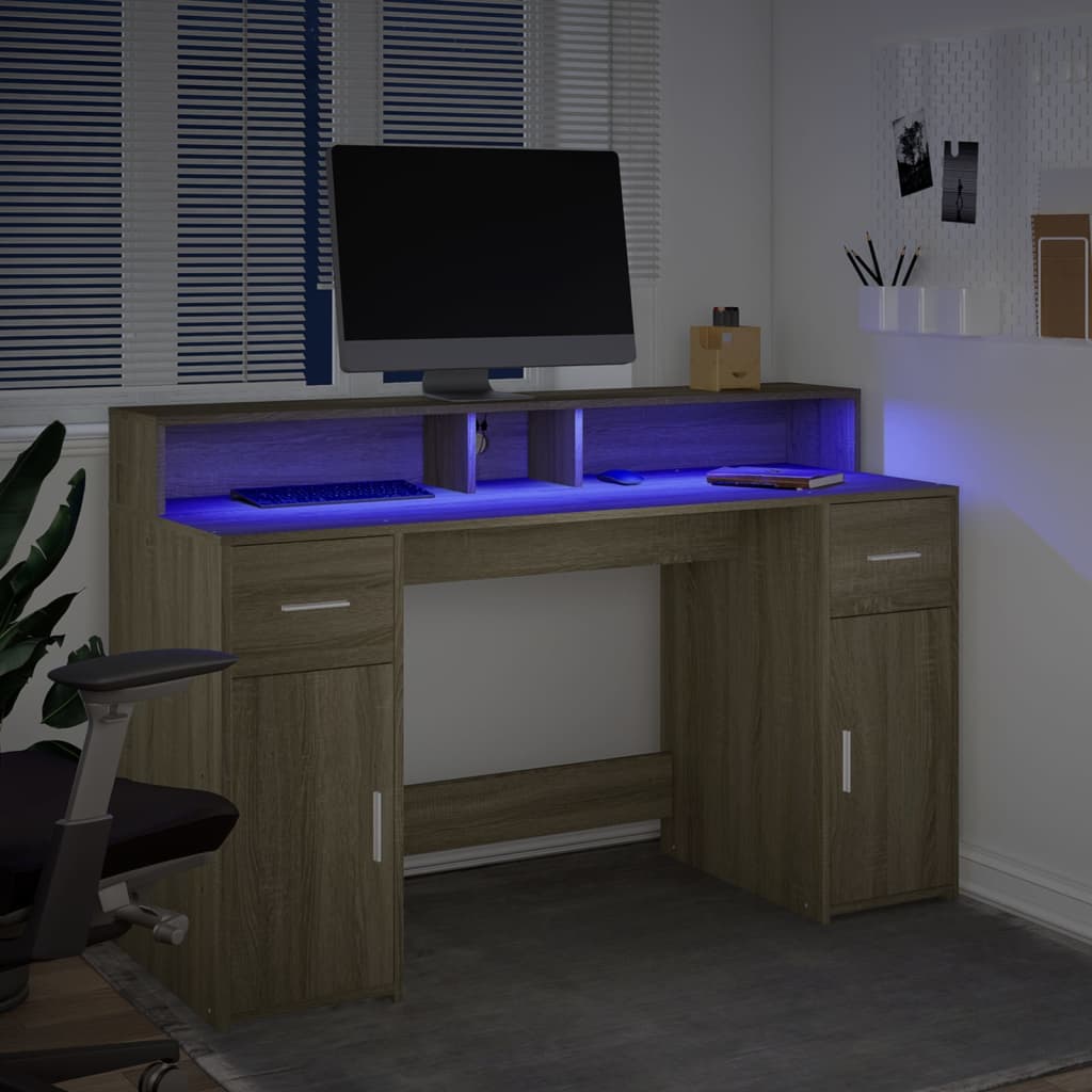 Sonoma tölgy színű szerelt fa íróasztal LED-ekkel 140x55x91 cm 4