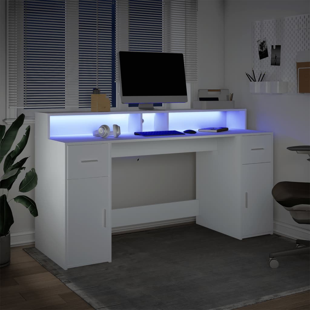 Fehér szerelt fa íróasztal LED-világítással 160 x 55 x 91 cm 4