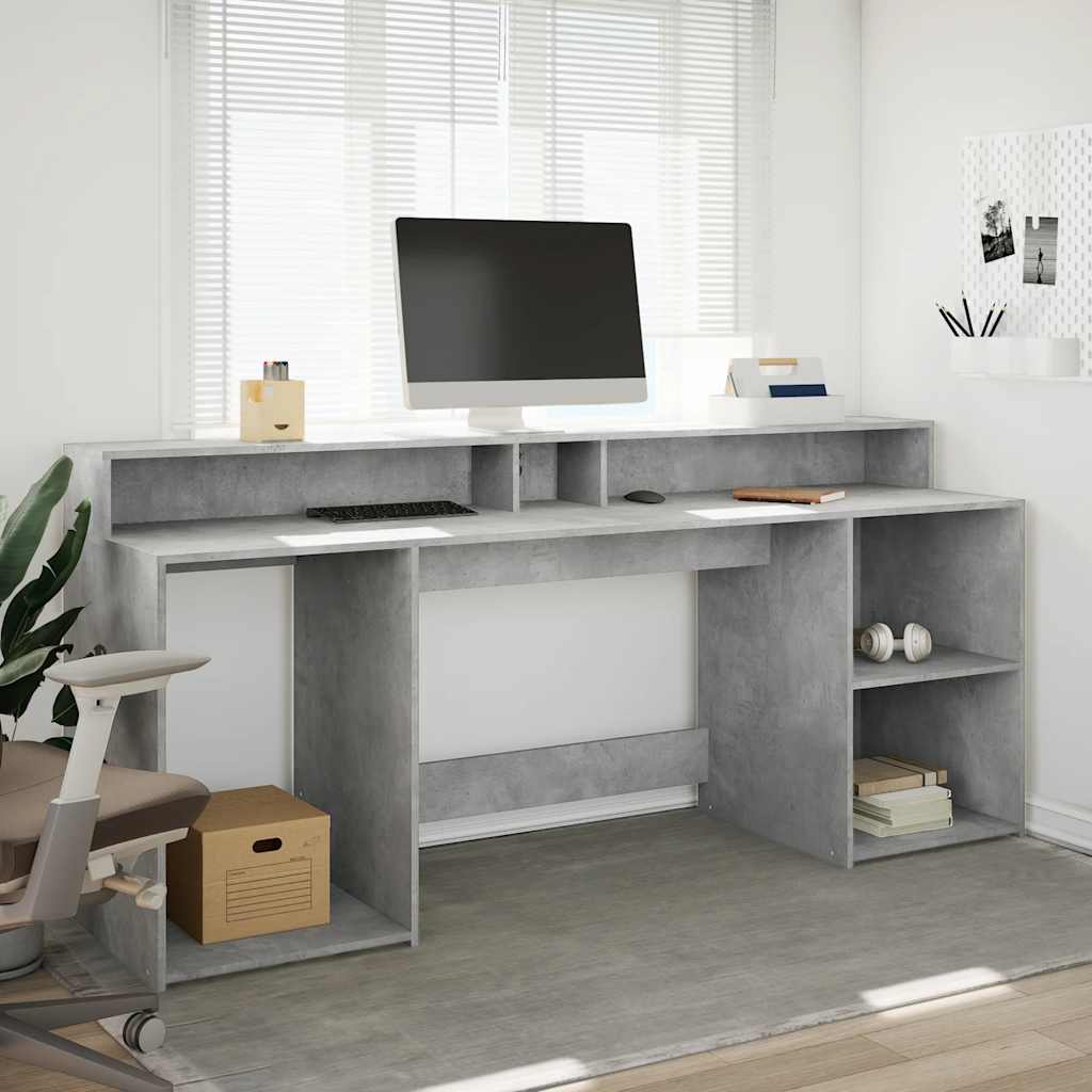 Betonszürke szerelt fa íróasztal LED-világítással 200x55x91 cm 3