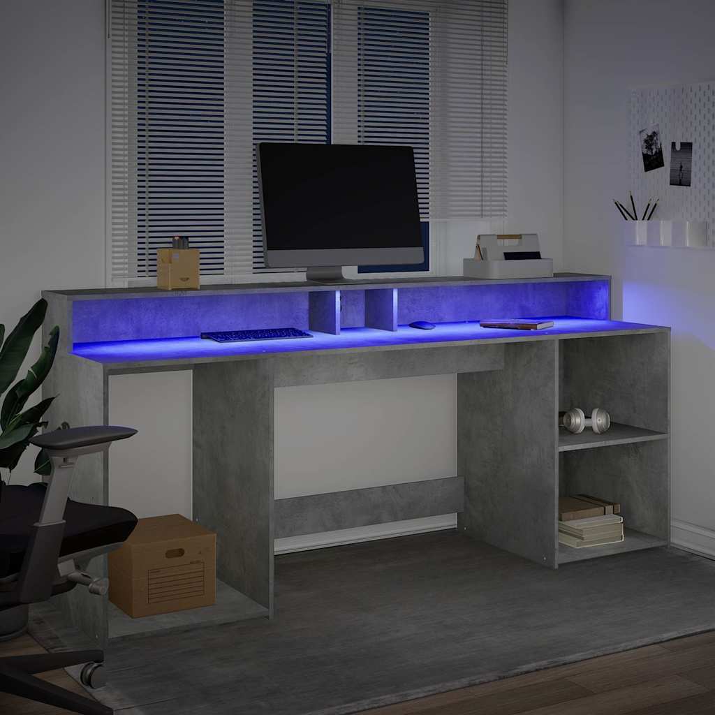 Betonszürke szerelt fa íróasztal LED-világítással 200x55x91 cm 4