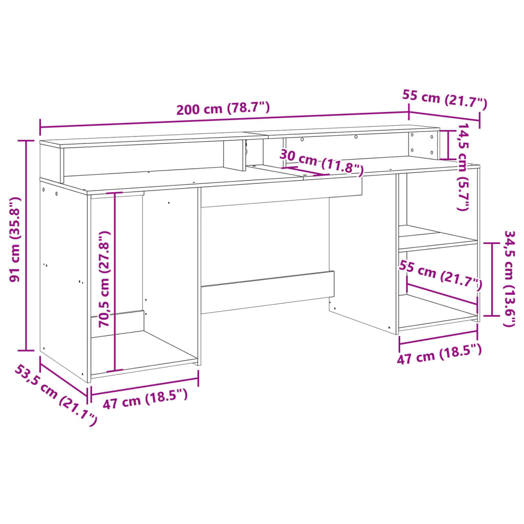 Szürke sonoma színű szerelt fa íróasztal LED-ekkel 200x55x91 cm 13