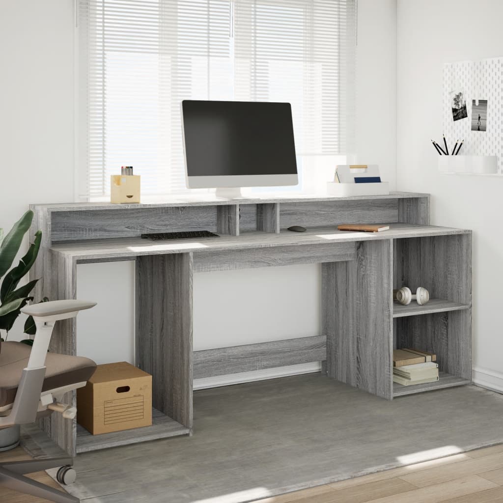 Szürke sonoma színű szerelt fa íróasztal LED-ekkel 200x55x91 cm 3